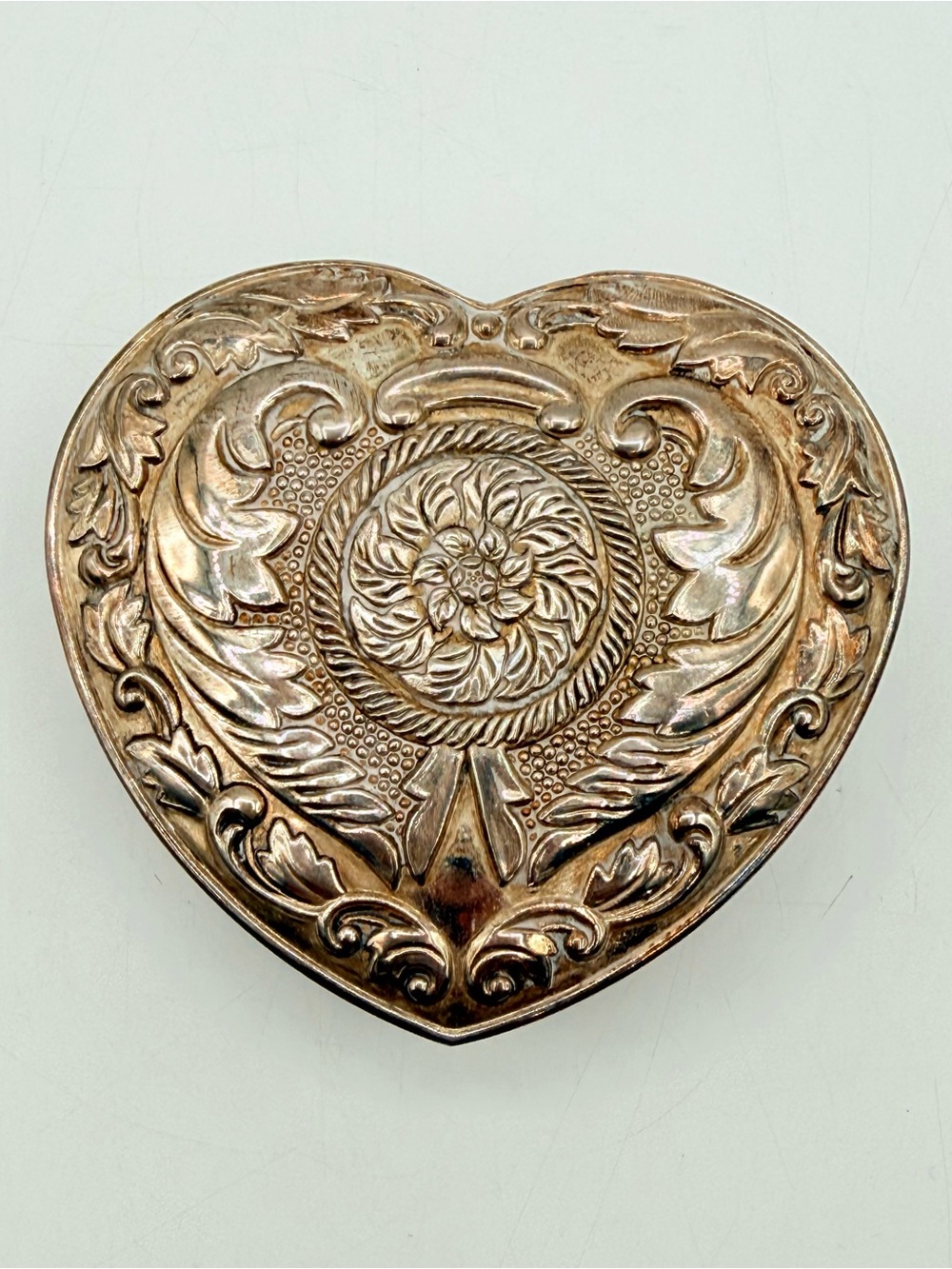 Vintage Ornate Heart Shaped Jewelry Trinket Box Silver Tone Floral Scroll Design